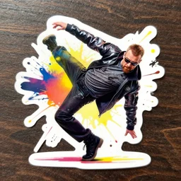 die cut sticker, walter white in techwear, breakdancing, splatter paint
