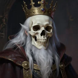 a friendly elder lich with a magnificent robe and crown, close up, portrait, realistic skull, sinister atmospheric lighting. highly detailed painting by greg rutkowski, anime style