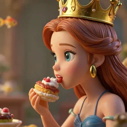 highly detailed closeup, face profile portrait of a tin toy fairytale princess wearing a crown eating cakes, bikini, unreal engine, nicoletta ceccoli, mark ryden, earl norem, lostfish, global illumination, detailed and intricate environment