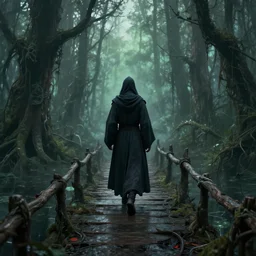 a mage travelling across a cursed bridge through an evil swamp