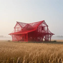 a parametric deconstructivism architecture farmhouse made of ethereal red thread and webs. the farmhouse stands in an rural american landscape with fields of wheat. foggy at dawn