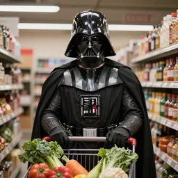 A still of a Darth Vader shopping for groceries, 4k, 35mm, photograph, photoreal, ultra realistic, highly detailed, professional lighting