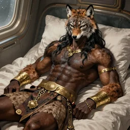 highly detailed, black male anthro - lynx, human with head of lynx, long rockstar hair, facial scar, hairy masculine gigachad, muscular, wearing kilt and gold armbands, fur texture, lounging on bed aboard the nostromo, trending on artstation,