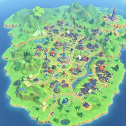 small coastal town in a video game similar to pokemon sword and shield. varied height level terrain, various points of interest, overview