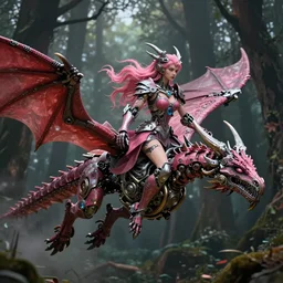 a female iron forest saints rider on a dragon is flying in the fantasy forest by merriam, daniel, intricate mechanical details, futuristic, 2 k aesthetic, dramatic lighting, concept art, 4 k, 3 d octane render, pink and red colors, provenance, detailed, trending on artstation
