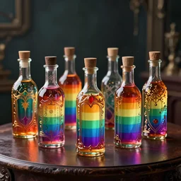 seven colored rainbow potion bottles on a dark oak table. detailed fantasy bottles made of glass. intricate design, ornate design. dramatic lighting. fantasy digital art by wlop and mobius