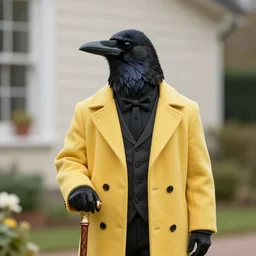 a Crow wearing a yellow formal overcoat posing with a carved cane, hyperrealistic, concept art, octane render, unreal engine 5, trending on DeviantArt, highly detailed, high quality, 8K, soft lighting, cute, natural lighting, realistic face, trending on Artstation, elegant clothes, profile picture, path traced, house background