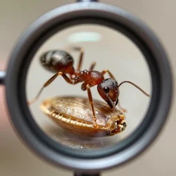 an ant eating a seed, microscopic lense view