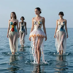 a model wearing a jellyfish dress rising up from the water by anny leibovitz, greg rutkowski, paolo roversi, ( ( ( mucha ) ) ) ( ( ( iris van herpen ) ) ), surreal