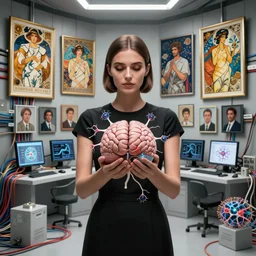 symmetric, a woman in a black dress holding a brain and neurons, in a room full of wires and computers and neural networks, sci - fi, ai, 4 k realistic, artem demura. alphonse mucha. yoji shinkawa artgerm. jon lothian. danilo torres. adi meyers. thomas reimann. gaston bussiere.
