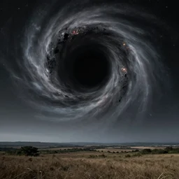 a blackhole on the sky above a landscape