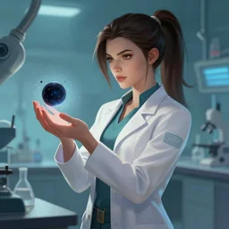 a league of legends concept art of a beautiful young female scientist in a laboratory holding in her hands a small black hole, art by cushart krentz and greg rutkowski, ponytail, elegant, sharp focus, morandi color scheme, illustration, high quality, digital art, hyperrealism