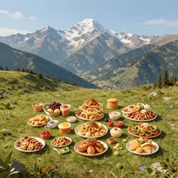 a wideshot of a landscape of mountain range, made out of assorted food