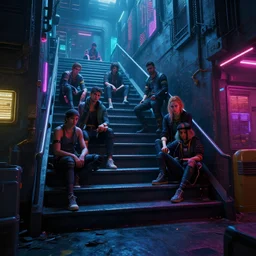 photo environement cyberpunk stair : 4, 4 k rtx hdr volume light concept studio matte painting environement digital illustration style cyberpunk 2 0 7 7 artstation artur tarnowski, mihai muscan, marcin tomalak, marta leydy, marcin stepien, charlotte hughes, zuzanna dabrowa neon bioluminiscence