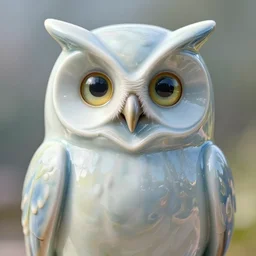 a close portrait of a cybernetic owl made from porcelain, insane reflexions, pastel colored, daylight, peaceful, 8 k, ambient occlusion, sub surface scattering, octane render, symetrical features
