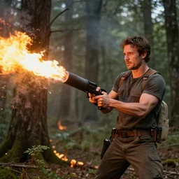 a photo of ruggedman ( burn a forest with flamethrower )