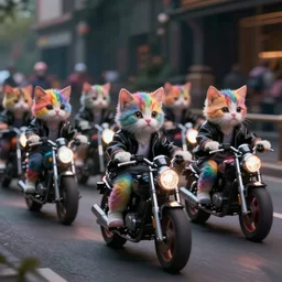 wide full body, group of rainbow cute kittens wearing black jackets riding motorcycles, cinematic lighting, digital art 2k