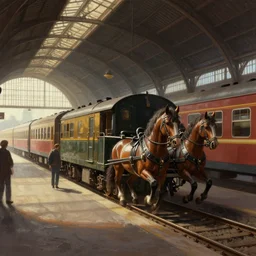 portrait of a trainstation that mechanical horses are used to push the trains, digital painting, artstation, concept art, donato giancola, Joseph Christian Leyendecker, WLOP, Boris Vallejo, wide view, cinematic lighting, dramatic lighting, masterpiece, light brazen, extremely detailed