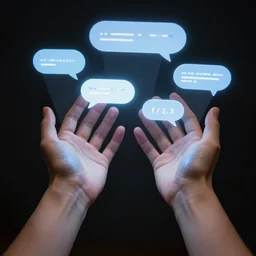 3 5 mm f / 2. 3 first - person photograph view of two hands coated with projected imessage chat ui, thought balloon interface projected onto the inside of my arms, volumetric beams illuminating my arms with glowing ui