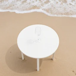 minimalist birds eye view of wine glass on a zen minimalist white table on the sandy beach with sea foam waves