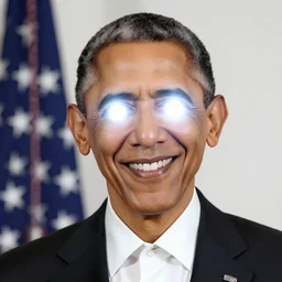 Smiling Obama with white glowing flashlight eyes, white clean fire behind Obama, 40nm lens, shallow depth of field, split lighting, 4k, 40nm lens, shallow depth of field, split lighting, 4k,
