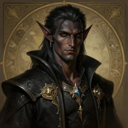 portrait of a handsome male dark elf, dark skin, fantasy, intricate, elegant, highly detailed, digital painting, artstation, concept art, sharp focus, illustration, art by artgerm and greg rutkowski and alphonse mucha