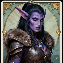portrait of a alluring draenei in pelt armor, furaccessories, dark hair, ponytail, purple skin, blue eyes, fantasy, sharp focus, award - winning, masterpiece, highly detailed, intricate, by terese nielsen, rossdraws, tarot card border
