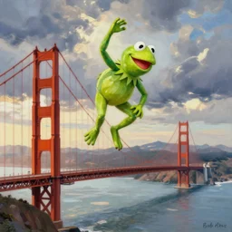 “Painting of Kermit the Frog doing a cannonball off of the Golden Gate Bridge, by Bob Ross”