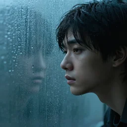 young person looking through water wall, with clear glass, melancholic, sad, lots of raindrops, detailed, cinematic, dramatic lighting, by ren hang