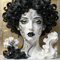 3 d liquid simulation, black curly ink, octane render, female eyes, female lips, intricate swirly patterns, female face model, mixing in white paint, white carved abstract sculpture, black mineral quartz sculpt, swirly curls fractal gold, abstract white fluid, golden edges and fractals, wasili kandinski, artstation, render, cinema 4 d, art noveau fresco, liquid acrylic painting