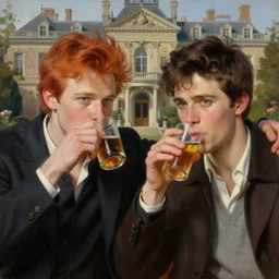 attractive male mike with ginger hair with attractive male tyler with brunet hair, drinking their hearts out, in their noble mansion. highly defined painting, highly detailed painting by gaston bussiere, craig mullins 8 k