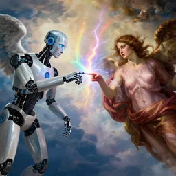 a godly robot and a human woman touch by their finger tips, exchanging rainbow lightning of beautiful energy through their fingers, nails concept art, angelic clouds in the background, cinematic, inspired by the creation of adam by michelangelo