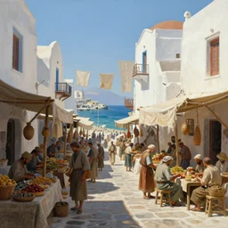 a busy medieval Mediterranean street market in the style of Sylvain Sarrailh, Greek islands, narrow streets, whitewashed buildings, old port, hanging fabric, bartering merchants,  beautiful digital art, cinematic composition, detailed, concept art, Matt painting, oil painting, high res