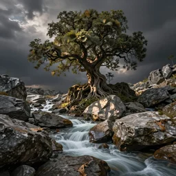 whimsical stream rocks fantasy tree by jean - baptiste monge
