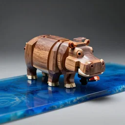 a photo of a model hippo 3 d puzzle, pieces made of wood and resin countertop, blue epoxy resin river countertop, dramatic lighting, studio zeiss 1 5 0 mm f 2. 8 hasselblad, award - winning photo