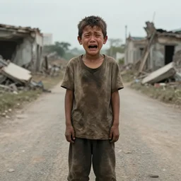 boy standing wearing dirty clothes in the middle of the road. ruins of war around. the boy crying. symmetric, hands, face, fingers, photorealistic, hyperrealistic, cinematic, artstation, octane render, 8 k