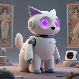 product photo of a futuristic happy surprised robot pet, asymmetric minimalistic kindchenschema, by artgerm and greg rutkowski and marc newson and zaha hadid, alphonse mucha, samsung apple webcam, sleek matte glossy materials, neon, owl nycticebus fennec inspired. side view, volumetric light, detailed, octane render, midsommar