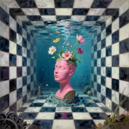 award winning masterpiece with incredible details, portal to alternative reality, liminal spaces, checkered pattern, David Friedrich, Zhang Kechun, a surreal vaporwave vaporwave vaporwave vaporwave vaporwave painting by Thomas Cole of an old pink mannequin head with flowers growing out, sinking underwater, highly detailed