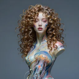Vass Roland cover art future bass girl unwrapped statue bust curls of hair petite lush front view body photography model full body!!! curly!!!!! jellyfish lips art contrast vibrant futuristic fabric skin jellyfish material metal veins!!! style of Jonathan Zawada, Thisset colours simple!!!!! background objective