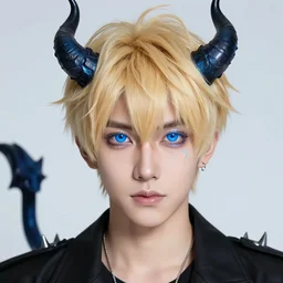 a blond young man with luminescent glittering blue eyes and demon horns and a spiked tail. Xiao Tong