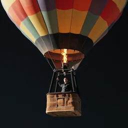single man flying in hot air balloon in the space, in the style of greg rutsowski, dark background, hyper realistic