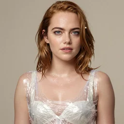 emma stone wearing a risque outfit made from cling film, half body portrait, greg kutkowski, sharp details, soft lighting, subsurface scattering, pearls of sweat, glistening skin, warm lighting