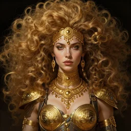 female bounty hunter with and voluminous hair, golden jewellery, Mark Edward Fischbach, intricate, highly detailed, digital painting, artstation, concept art, smooth, sharp focus, illustration, Unreal Engine 5, 8K, art by artgerm and greg rutkowski and alphonse mucha