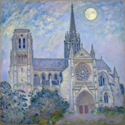 oil painting of cathedral with a tower spire towards a full moon, impressionist, monet, renoir, signac.