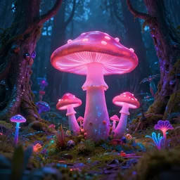 A realistic strange neon lanscape, realistic, 4k resolution, detailled, realistic shaders, neon mushrooms, mushrooms particles, forests, strange neon plants, realistic, detailled.