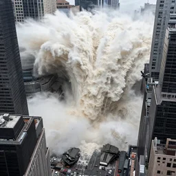 a giant tsunami hitting times square, massive destruction, birds eye photograph, 8 k resolution, sharp focus, wide angle, hyper - detailed, 8 5 mm photograph