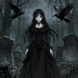 a gothic anime girl and her pet raven raven haunting the pere lachaise cemetery by franklin chan, gloomy, trending on artstation