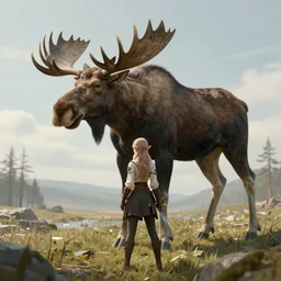 a young elf woman with a dagger in her hand stands with her back to us, and in front of her is a giant moose of enormous size 8 k, octane render, concept art, trending on artstation,