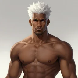 wow! fanart, beautiful muscular black man with white hair and a protruding jaw, with visible pectoral muscles, d & d, high fantasy, detailed, digital art, artstation, smooth, sharp focus, art by artgerm, greg rutkowski, alphonse mucha