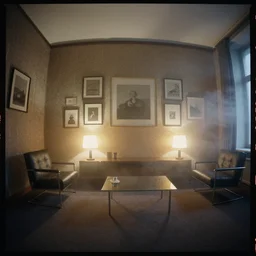 kodak portra 4 0 0, wetplate, 8 mm extreme fisheye, award - winning portrait by britt marling of a hall in bauhaus style, picture frames, shining lamps, dust, smoke bauhaus furniture, wallpaper, carpet, interior, muted colours, fog